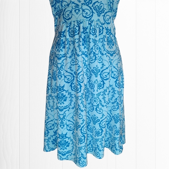 Tehama Women's Blue Damask V-Neck Sleeveless Pleated Midi Dress Size Small - Picture 3 of 11
